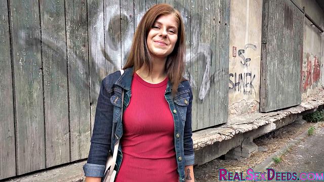 Pulled redhead babe doggypounded outdoors