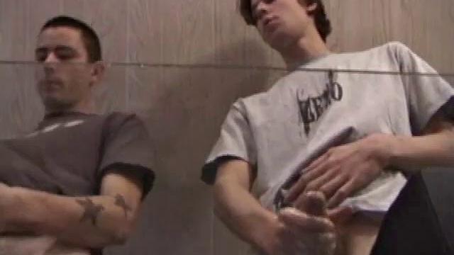 In this hot dual jerk off scene, Dan and Jayden get naked and start beating off over a glass table. The camera is positioned underneath the glass, capturing all the stroking action, and cum that shoots from their cocks.