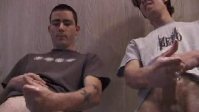 In this hot dual jerk off scene, Dan and Jayden get naked and start beating off over a glass table. The camera is positioned underneath the glass, capturing all the stroking action, and cum that shoots from their cocks.