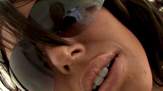 A curvy MILF tease her trimmed pussy before getting fucked hard in the sun