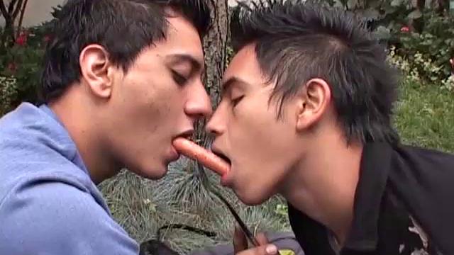 Fresh air and hormones get these two Latin boys in the mood and soon their pants are off and big cocks are getting sucked.