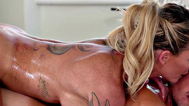 Inked oiled masseuse got doggystyled at erotic massage