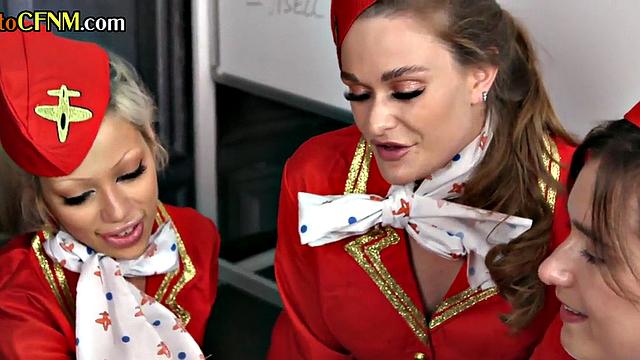 CFNM stewardesses love sucking cock after work