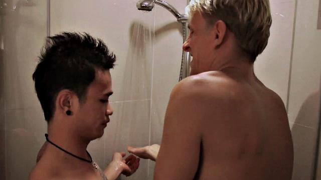 Asian tattooed twink rimmed and by white stud