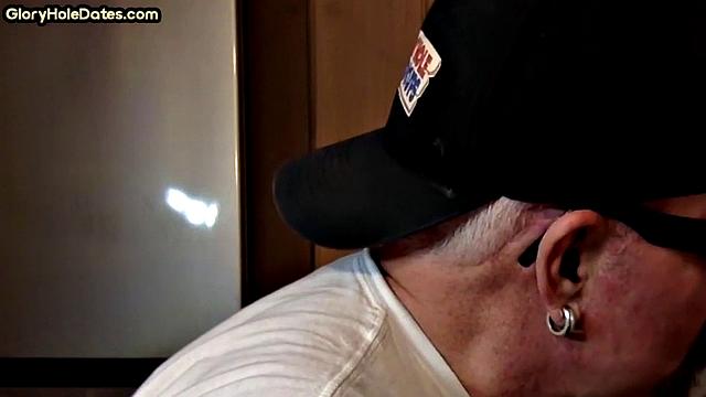 Mature man with a thick moustache sucks cock at the gloryhole, every moan heard in secret