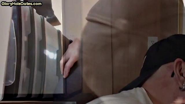 Mature man with a thick moustache sucks cock at the gloryhole, every moan heard in secret