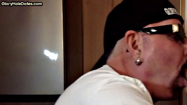 Mature man with a thick moustache sucks cock at the gloryhole, every moan heard in secret