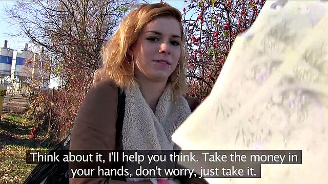 Naughty blonde pays to suck and fuck in the car, outdoors & pierced up close