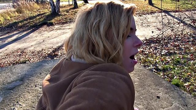 Naughty blonde pays to suck and fuck in the car, outdoors & pierced up close