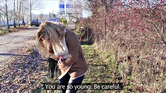 Naughty blonde pays to suck and fuck in the car, outdoors & pierced up close