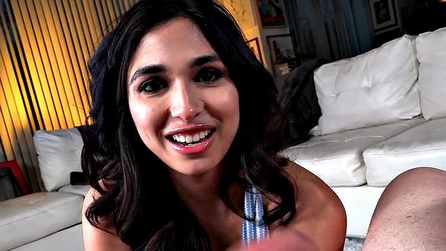 Cute babe jerking cock in POV before receiving massive facial