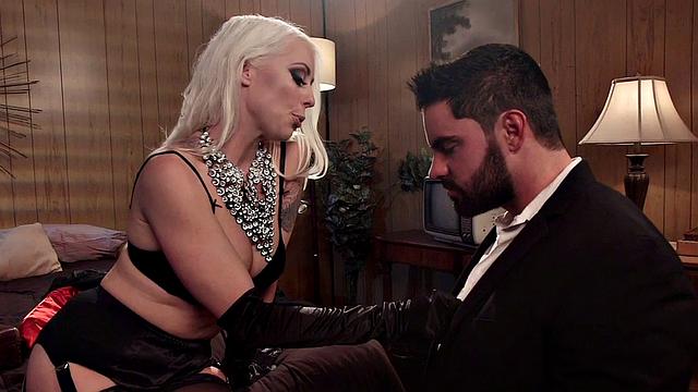 Lingerie domina taunting submissive bondage subject