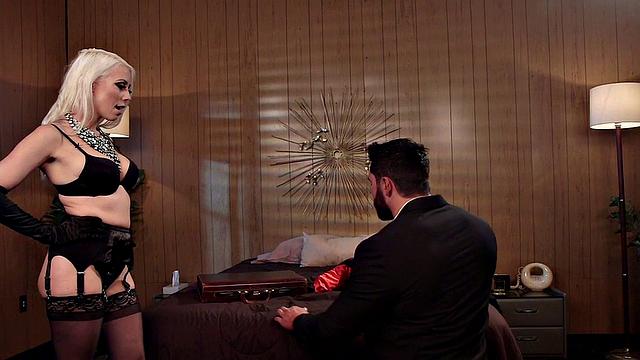 Lingerie domina taunting submissive bondage subject