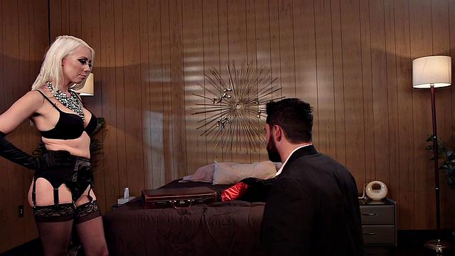 Lingerie domina taunting submissive bondage subject