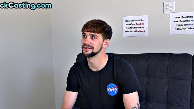 Tattooed solo stud jerks cock till cumshot at casting