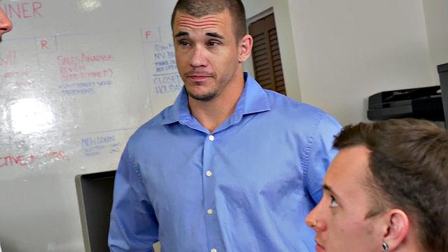Boss and colleague share office threesome with tattooed office bottom