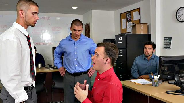 Boss and colleague share office threesome with tattooed office bottom