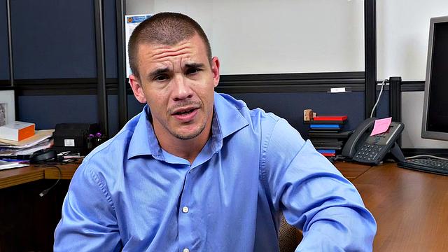 Boss and colleague share office threesome with tattooed office bottom