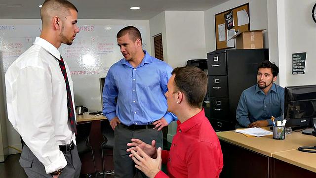 Boss and colleague share office threesome with tattooed office bottom