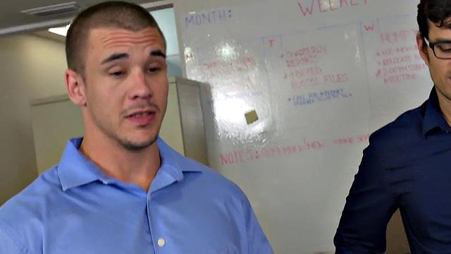 Boss and colleague share office threesome with tattooed office bottom