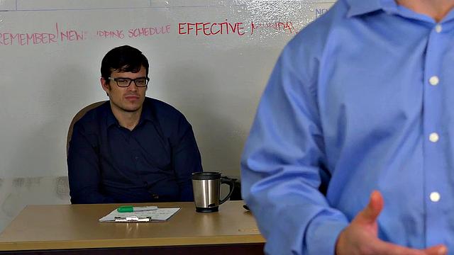 Boss and colleague share office threesome with tattooed office bottom