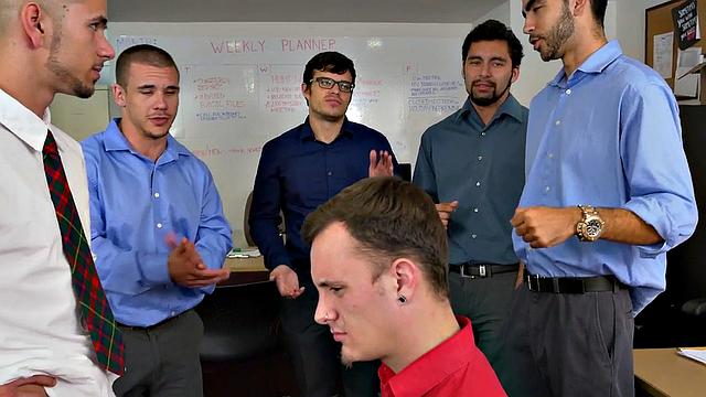 Boss and colleague share office threesome with tattooed office bottom