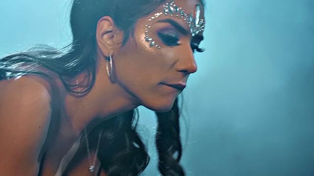 Hot Latina in high heels enjoys a steamy threesome with two guys