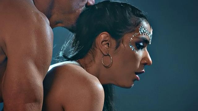 Hot Latina in high heels enjoys a steamy threesome with two guys