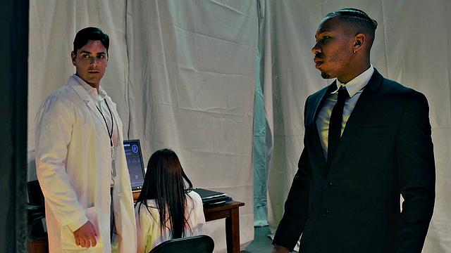 Hot Latina in high heels enjoys a steamy threesome with two guys