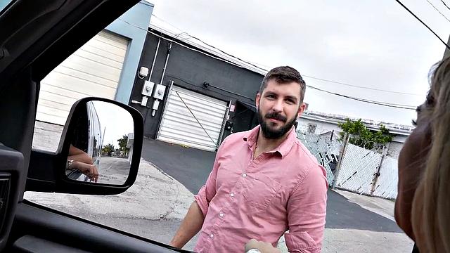 Picked up man fucks stud ass in public van outdoor