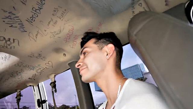 Picked up man fucks stud ass in public van outdoor