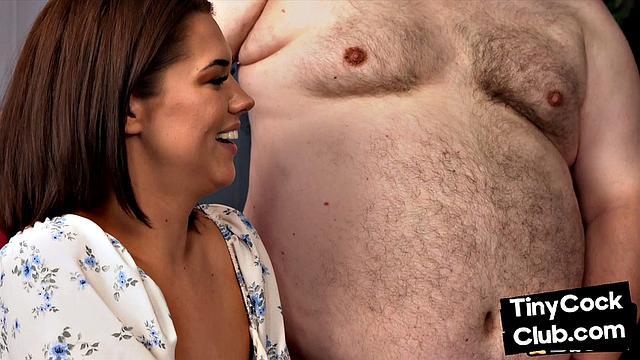 SPH domina jerks small cock of fat loser in orgy