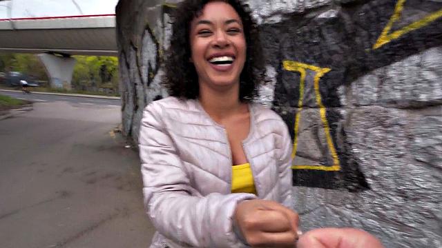 Public ebony babe fucked in tight pussy for cash