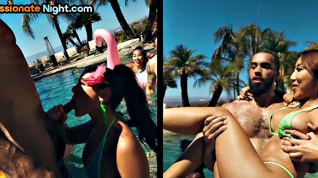 Outdoor tropical orgy with babes at the pool
