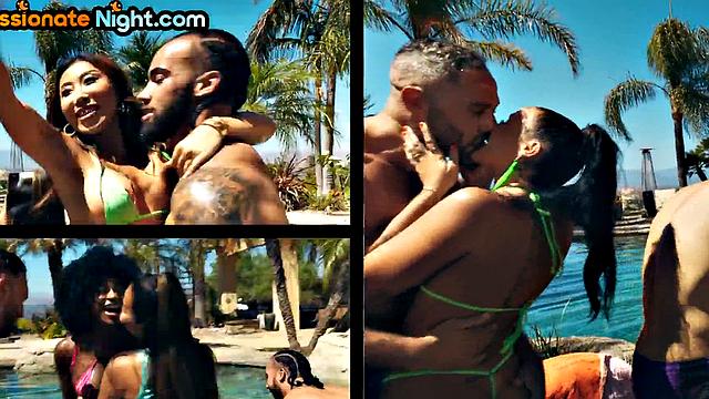 Outdoor tropical orgy with babes at the pool