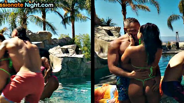 Outdoor tropical orgy with babes at the pool