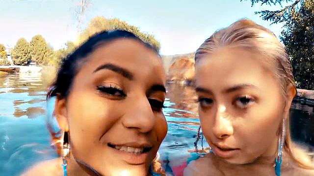 Heavy breasted dykes scissoring on swimming pool outdoor