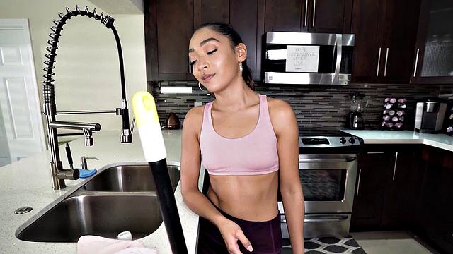 Watch this ebony teen with perky tits give her client's tight pussy in the bedroom