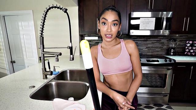 Watch this ebony teen with perky tits give her client's tight pussy in the bedroom