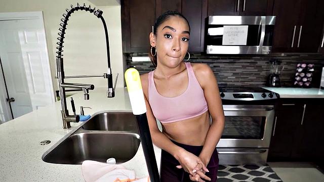 Watch this ebony teen with perky tits give her client's tight pussy in the bedroom