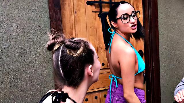 Brunette bad bitches get naughty in a wild doggy-style group sex with glasses on