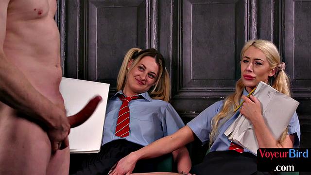 College voyeur CFNM chicks watch guy jerking cock on them