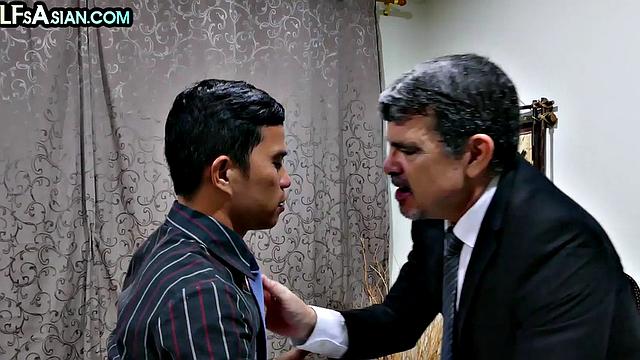 Office Asian twink enjoys anal with white businessman