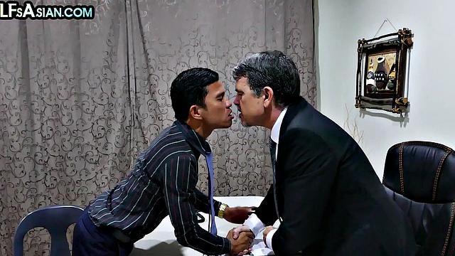 Office Asian twink enjoys anal with white businessman