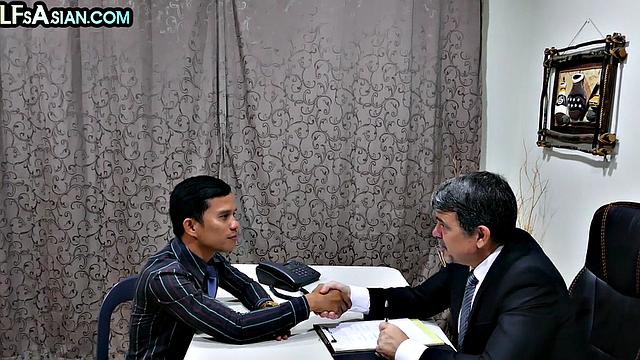 Office Asian twink enjoys anal with white businessman