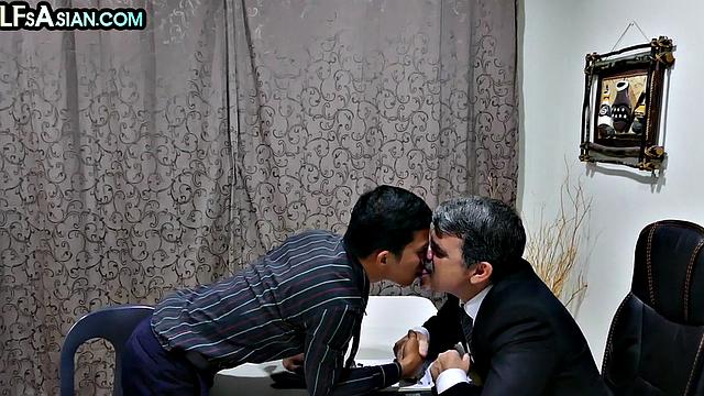 Office Asian twink enjoys anal with white businessman