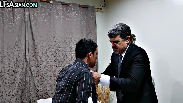 Office Asian twink enjoys anal with white businessman