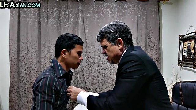 Office Asian twink enjoys anal with white businessman