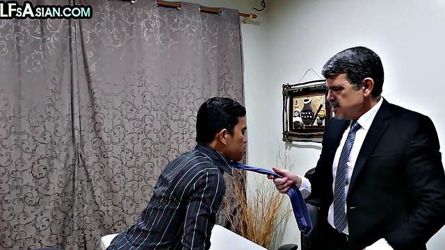 Office Asian twink enjoys anal with white businessman