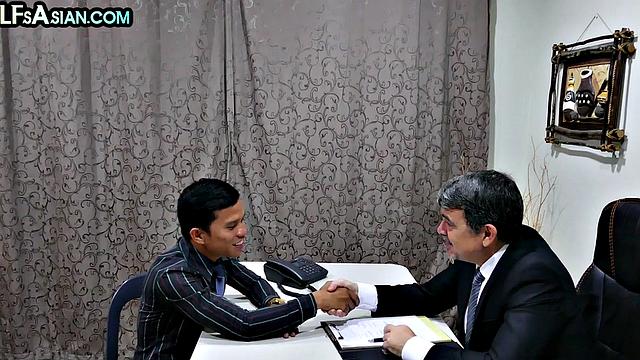Office Asian twink enjoys anal with white businessman